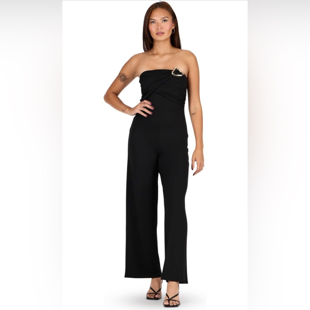 NEW Forever 21 Black Strapless Jumpsuit with Metallic Gold Accent - S